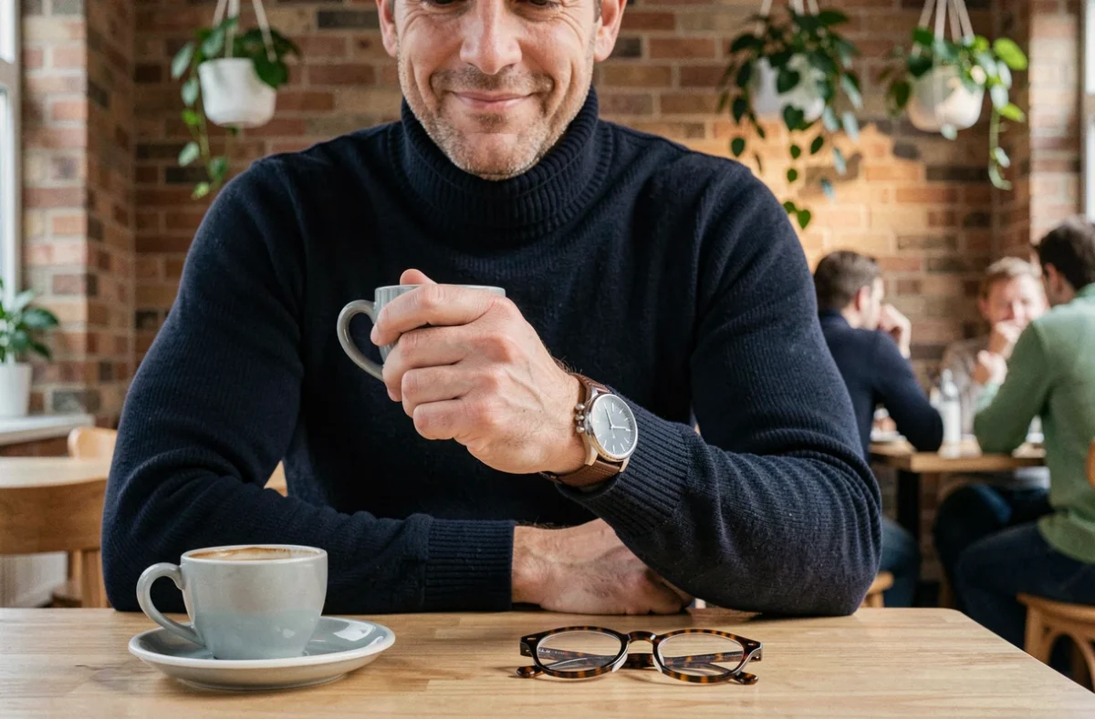 Homme élégant dans un café scandinave avec une montre automatique en acier et des lunettes en écaille de tortue sur la table