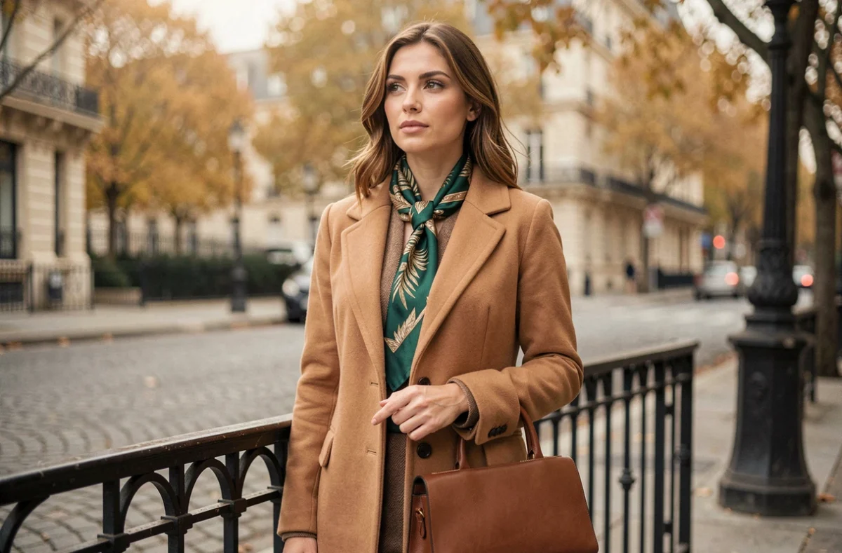 Femme élégante portant un manteau camel et un foulard en soie dans une rue pavée parisienne avec un sac en cuir structuré