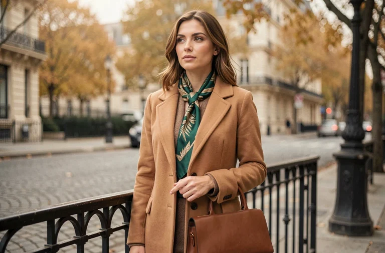 Femme élégante portant un manteau camel et un foulard en soie dans une rue pavée parisienne avec un sac en cuir structuré