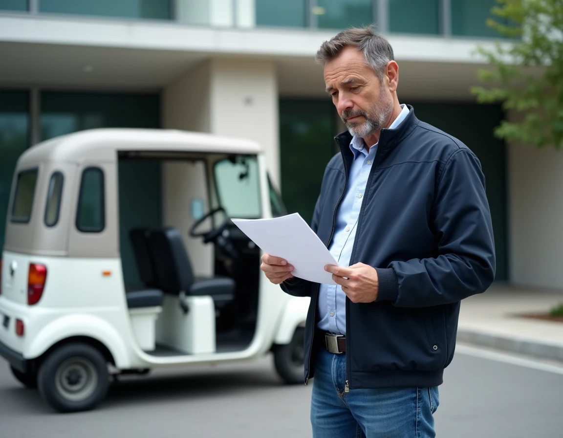 Homme tenant un document d'immatriculation près d'un tuk tuk blanc dans le parking d'une préfecture française