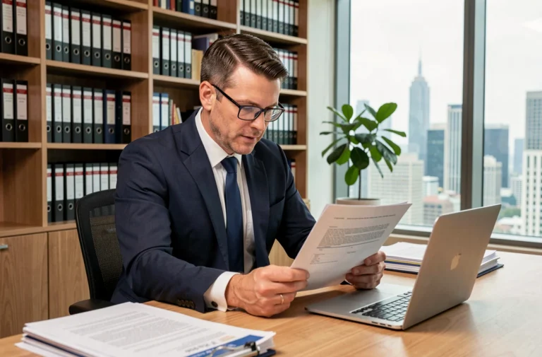 Administrateur de biens masculin en costume marine révisant un contrat de bail dans un bureau professionnel moderne