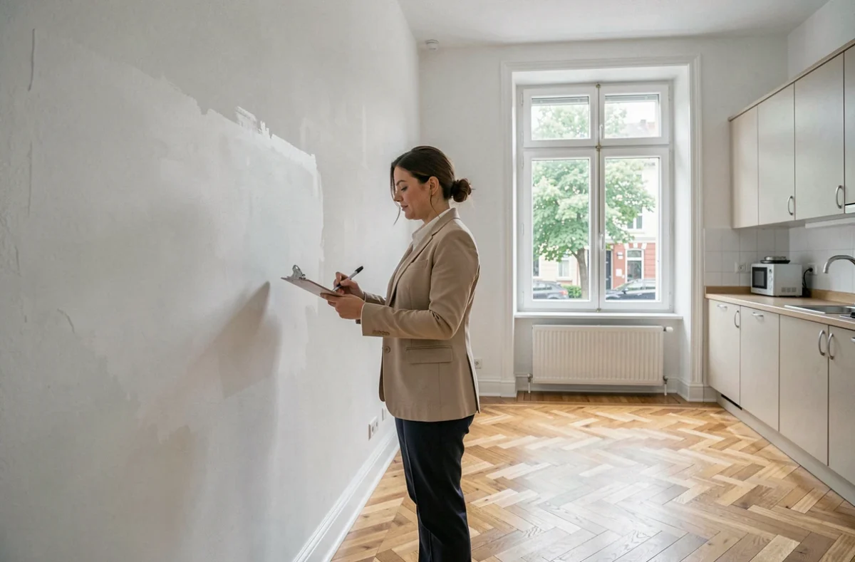 Administratrice de biens inspectant un appartement avec une planchette à pince dans un logement lumineux et bien entretenu