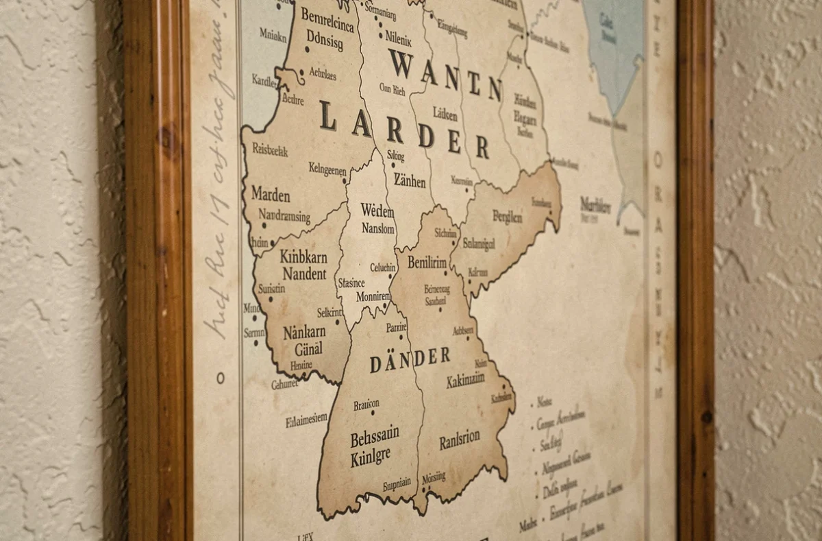 Affiche cartographique vintage des Länder allemands encadrée et accrochée sur un mur en plâtre dans un couloir universitaire