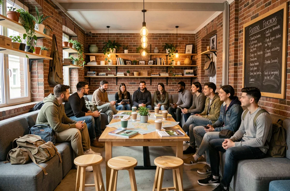 Groupe de voyageurs dans un espace commun d'auberge de jeunesse moderne avec carte et livres de voyage