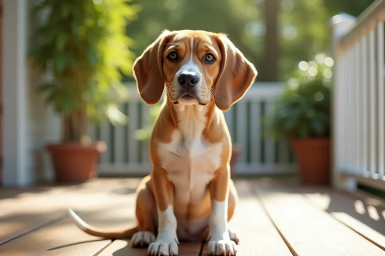 Beagador croisé labrador assis sur une terrasse en bois avec une expression alerte et amicale, illustrant son tempérament affectueux