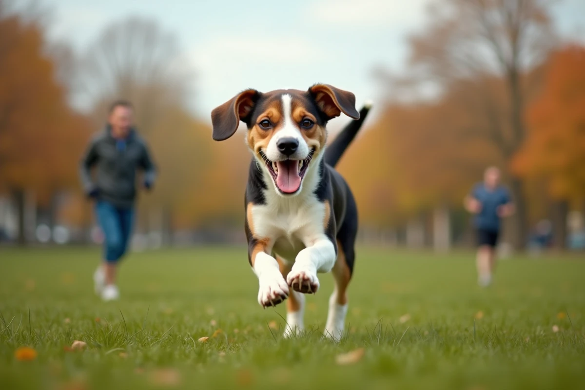 Beagador en plein jeu dans un parc urbain, illustrant son énergie débordante et son caractère joueur typique du croisement labrador beagle