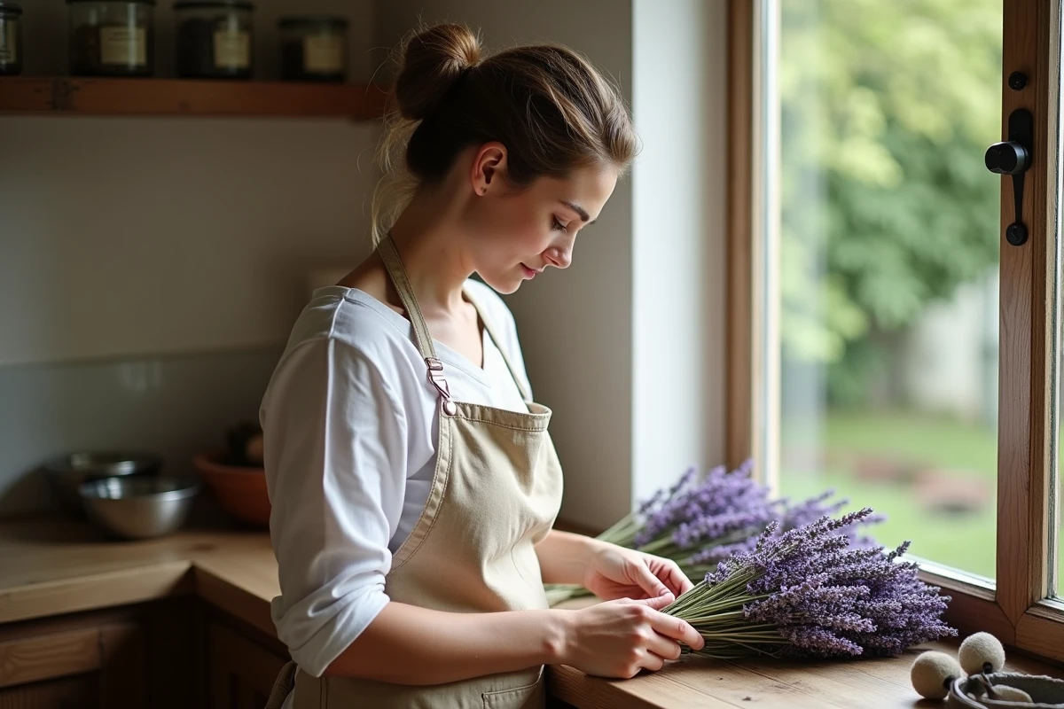 Femme plaçant des bouquets de lavande séchée sur un rebord de fenêtre en bois pour éloigner les insectes et les souris de la maison