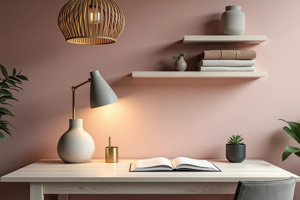 Coin bureau à domicile décoré avec bureau en chêne blanc, lampe céramique et mur en chaux rose