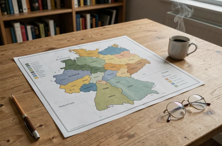 Grande carte imprimée des Länder allemands posée sur une table en bois avec lunettes et crayon, vue de dessus en plan 3/4