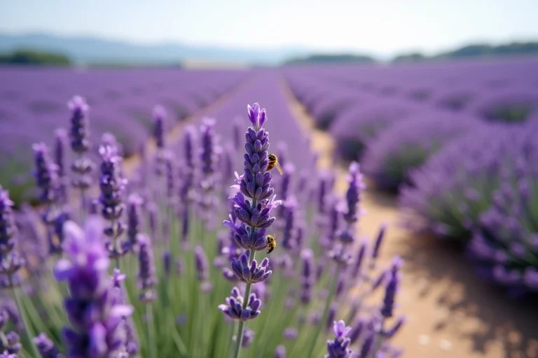 Champ de lavande en fleurs en Provence avec des abeilles butineuses, illustrant le pouvoir répulsif naturel de la lavande contre les insectes nuisibles