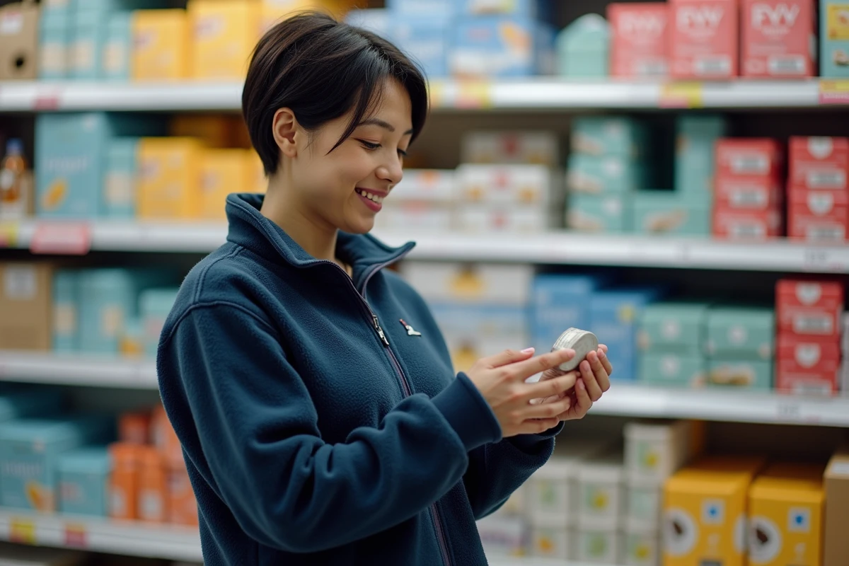 Cliente examinant un article dans un magasin discount, rayons de produits à prix réduit en arrière-plan