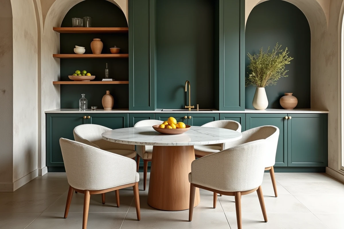 Coin repas moderne avec table en marbre, chaises en bouclé et étagères en niche avec poterie artisanale