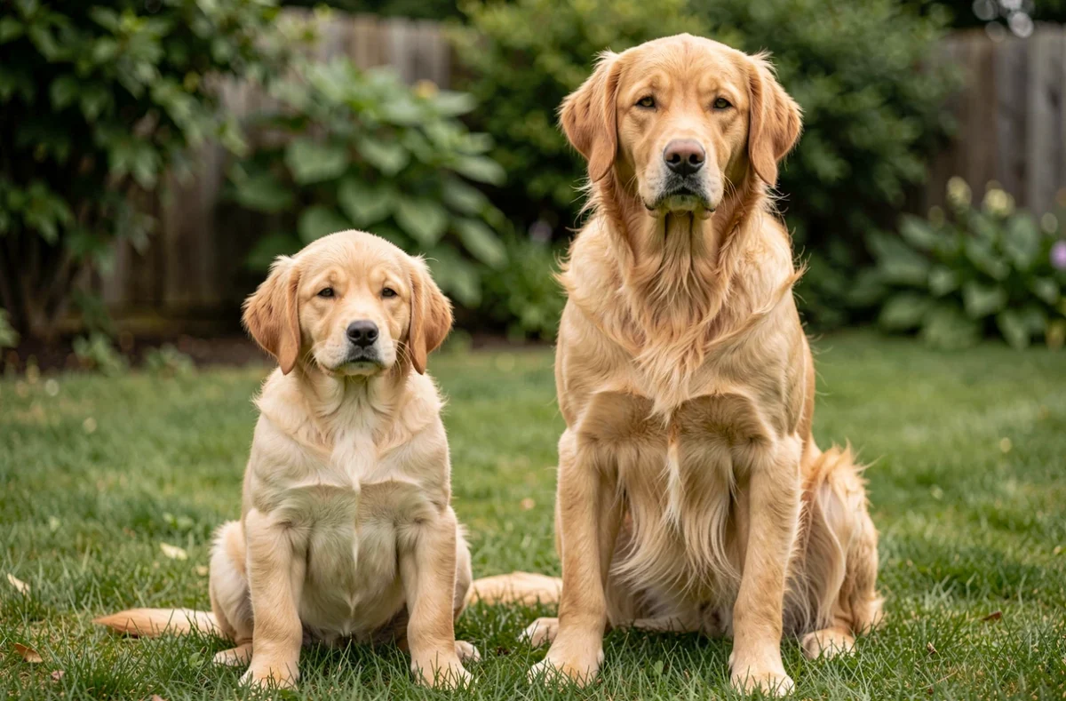 Comparaison de taille entre un golden retriever nain et un golden retriever standard adulte assis sur une pelouse verte