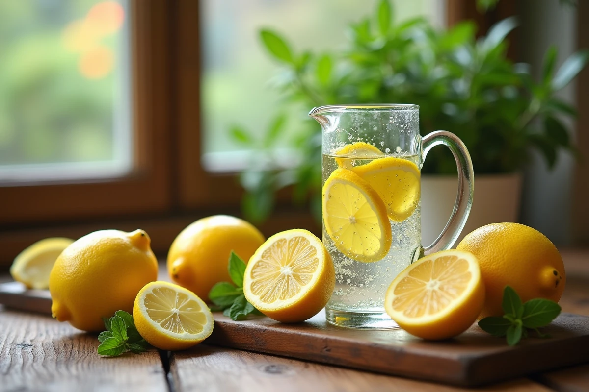 Composition rustique de citrons frais, pichet d'eau citronnée et menthe sur une table en bois, photo éditoriale de style naturel