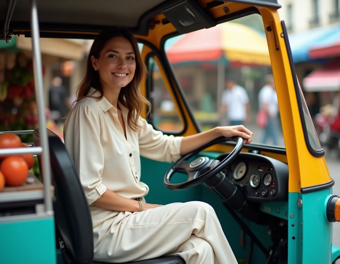 Femme au volant d'un tuk tuk électrique sur une place de marché française entourée d'étals colorés