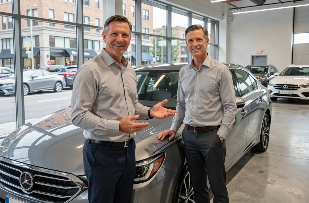 Conseiller automobile présentant une berline moderne dans le showroom de CT Automobiles