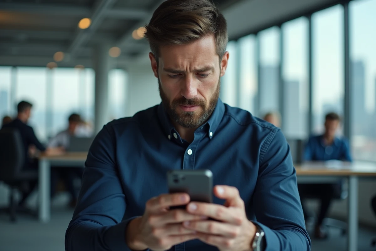 Homme consultant discrètement ses messages Teams sur smartphone dans un open space professionnel