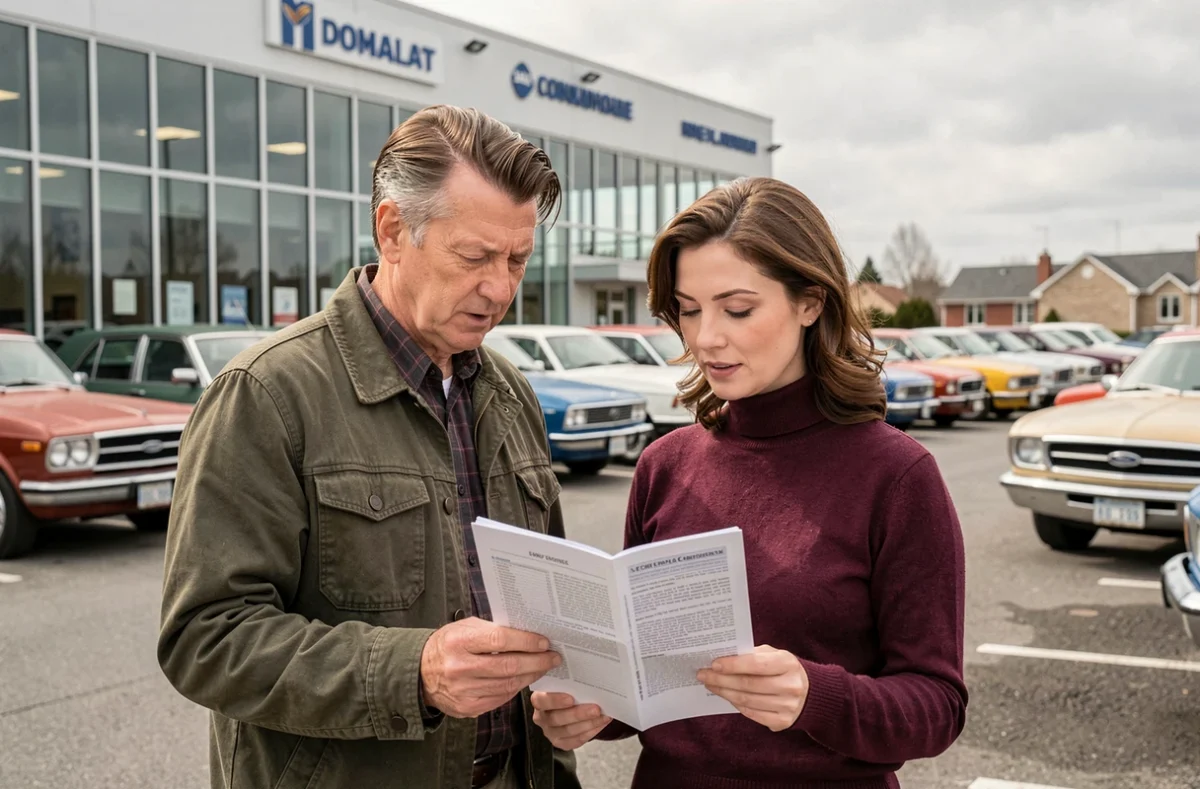 Couple consultant une brochure de modèles automobiles devant une concession CT Automobiles