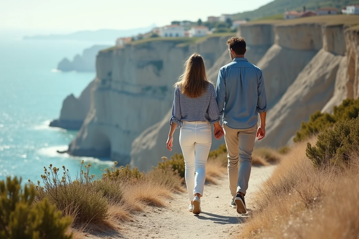 Couple en tenue légère de printemps marchant sur un sentier côtier sicilien en avril, avec vue sur la mer turquoise et les falaises calcaires de Sicile