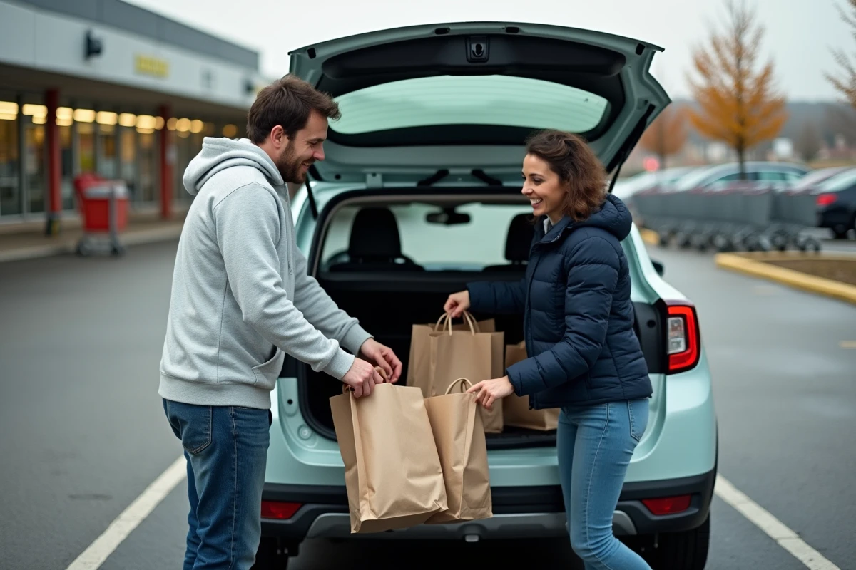 Un couple charge des courses dans le coffre d'une Dacia Towny dans un parking de supermarché, illustrant son praticité au quotidien