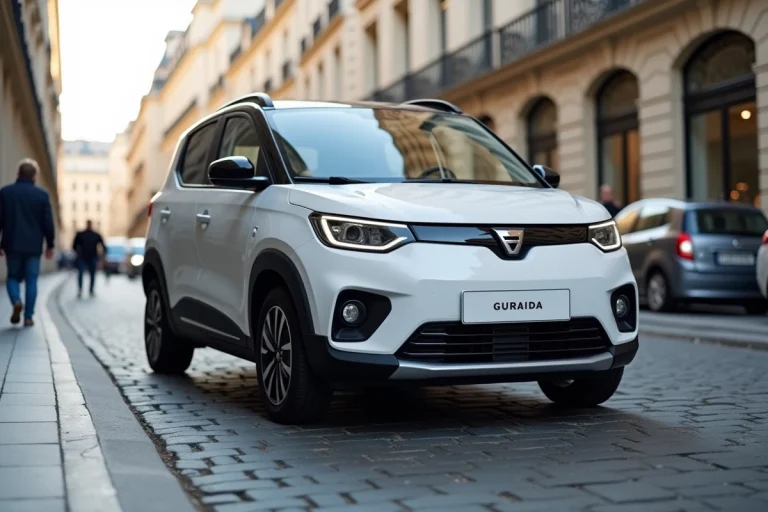 Dacia Towny vue de face en trois quarts dans une rue européenne pavée, mettant en valeur son design compact et moderne