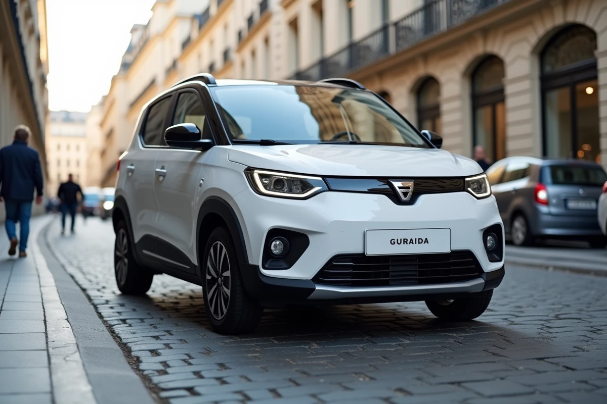 Dacia Towny vue de face en trois quarts dans une rue européenne pavée, mettant en valeur son design compact et moderne