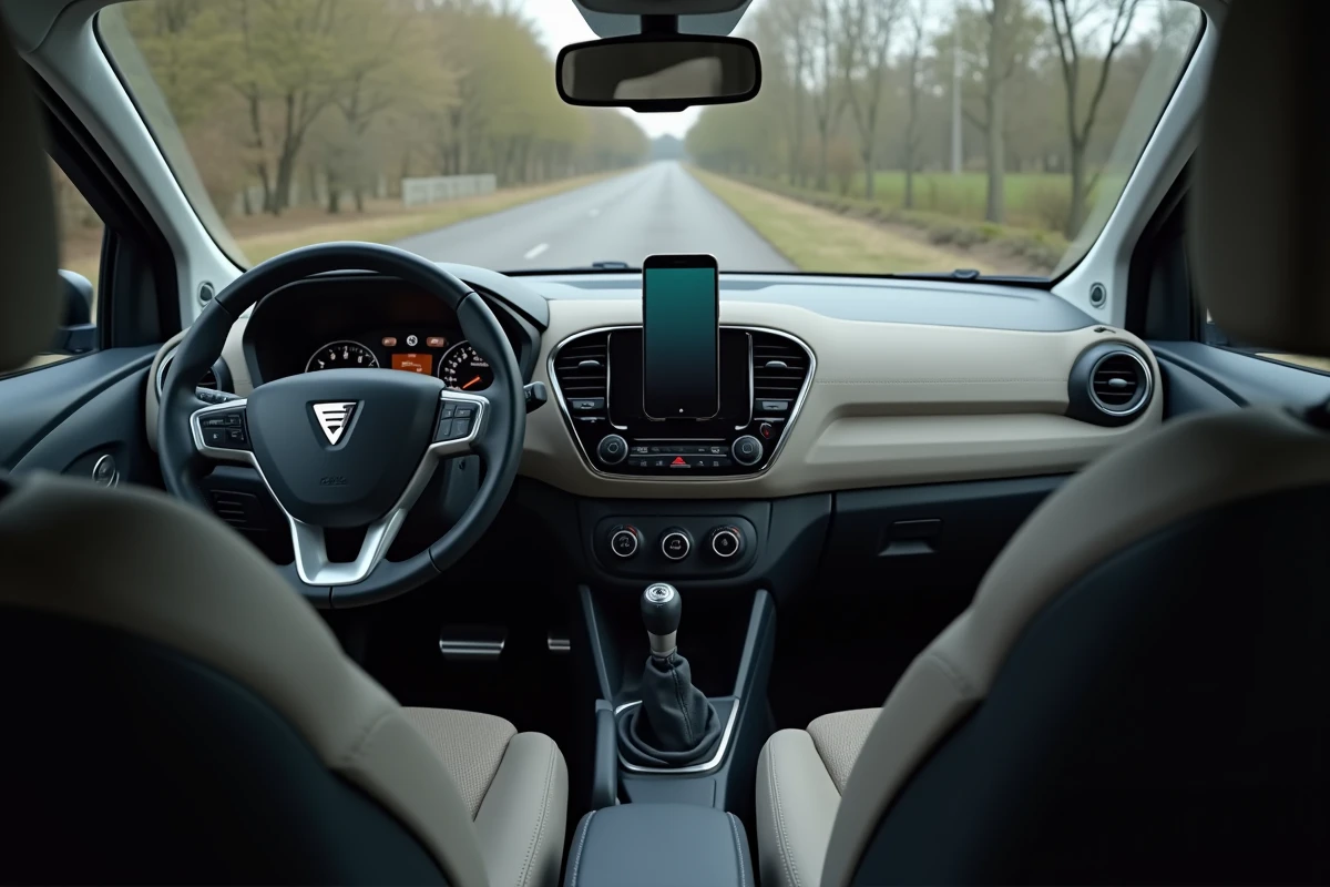 Intérieur de la Dacia Towny montrant le tableau de bord minimaliste, l'écran tactile et les matériaux de l'habitacle