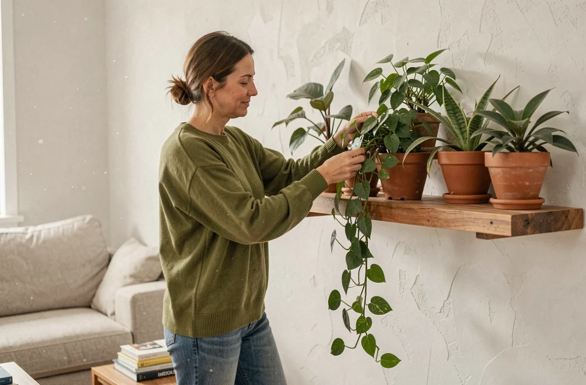 Femme arrangeant des plantes d'intérieur sur une étagère flottante en bois dans un salon décoré avec soin