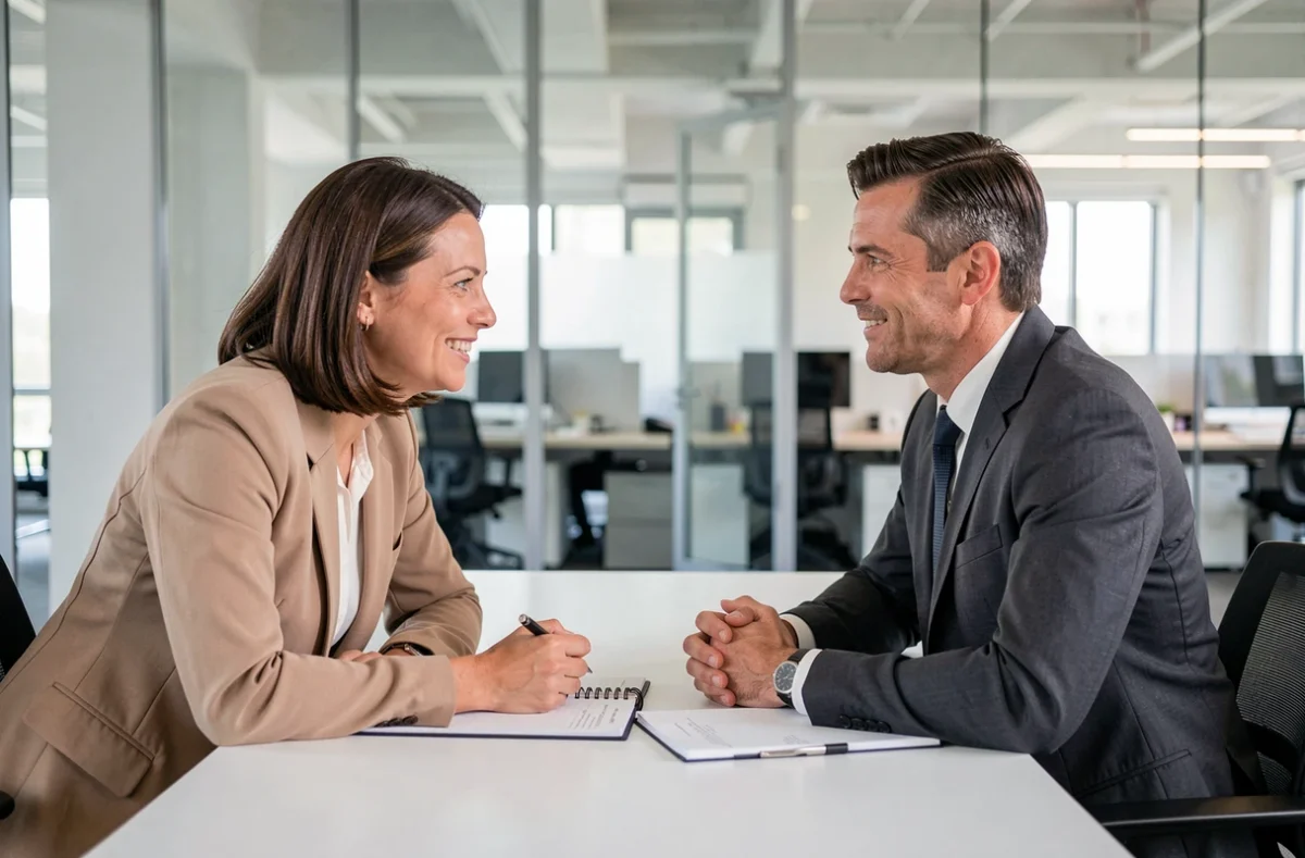 Entretien d'embauche entre une candidate et un recruteur dans une salle de réunion d'entreprise moderne