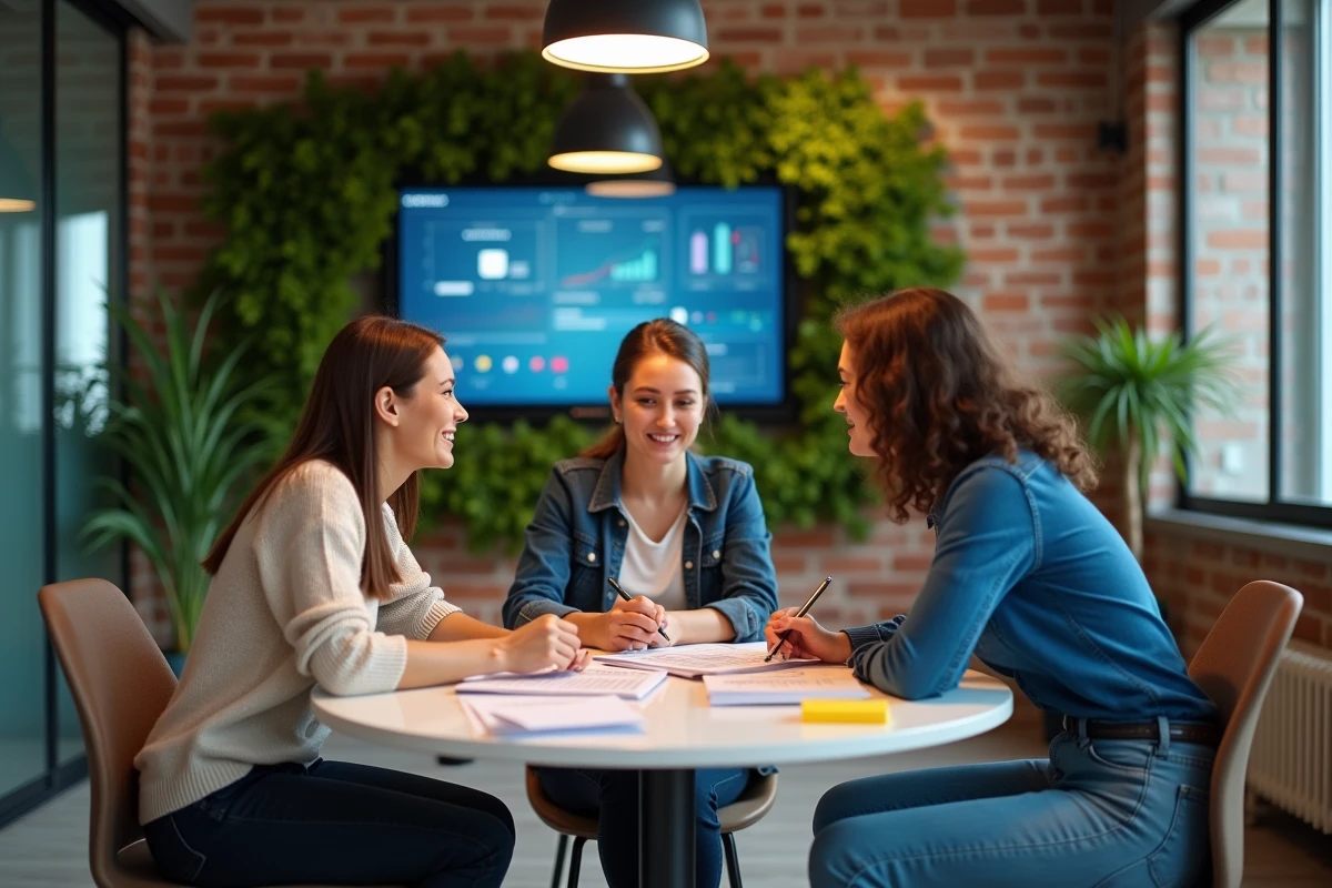 Équipe de professionnels collaborant autour d'une plateforme numérique partagée dans un espace de coworking moderne