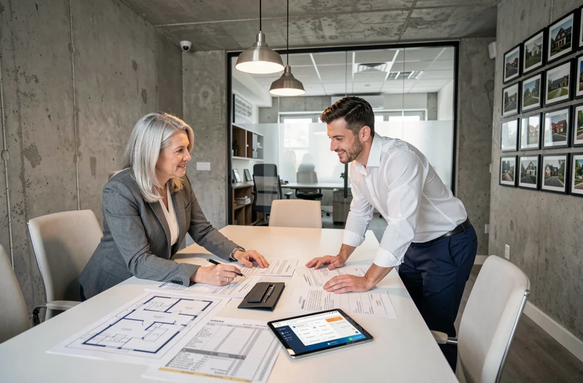 Équipe de deux professionnels de la gestion immobilière collaborant autour de plans et documents dans une salle de réunion moderne