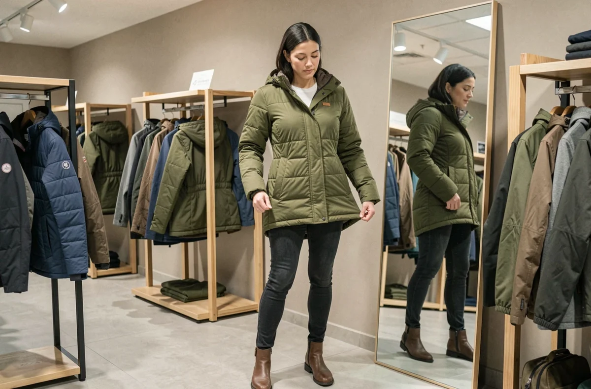 Femme essayant une doudoune légère verte dans un magasin de sport, guide pour choisir la bonne doudoune femme