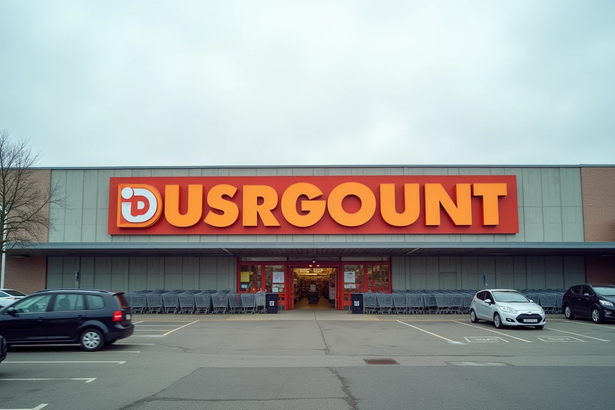 Façade extérieure d'un magasin discount en zone commerciale dans la région de Tourcoing, parking et entrée visibles
