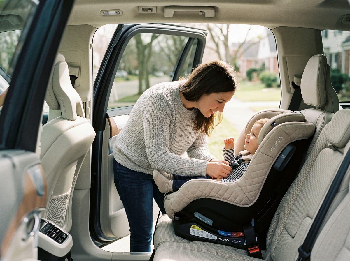 Jeune femme attachant son enfant dans une voiture familiale