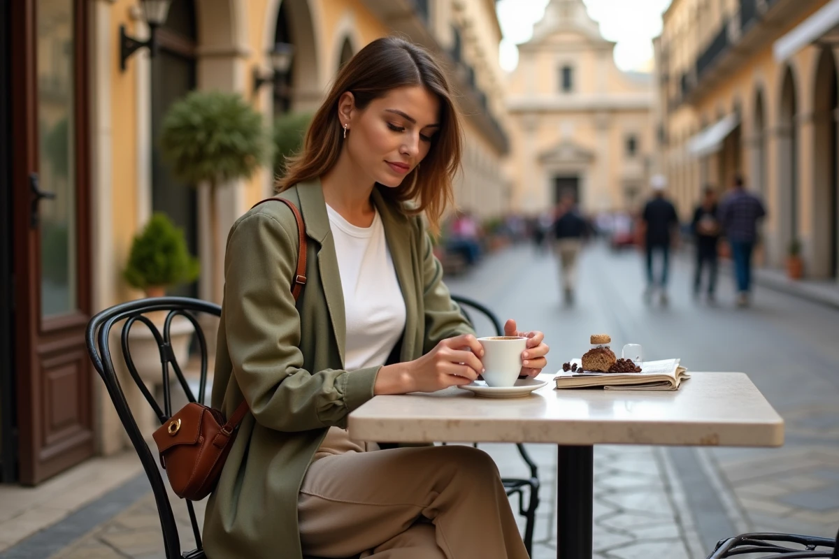 Femme élégamment habillée en tenue de printemps sicilienne assise en terrasse de café à Palerme en avril, look blazer olive et pantalon lin taupe pour voyager en Sicile