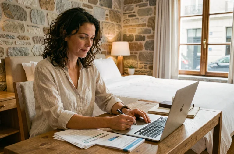 Femme en voyage travaillant sur son ordinateur dans une chambre d'hôtel boutique avec décor en pierre apparente