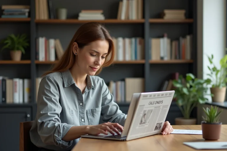 Femme consultant les unes des journaux en ligne sur un ordinateur portable dans un bureau à domicile moderne