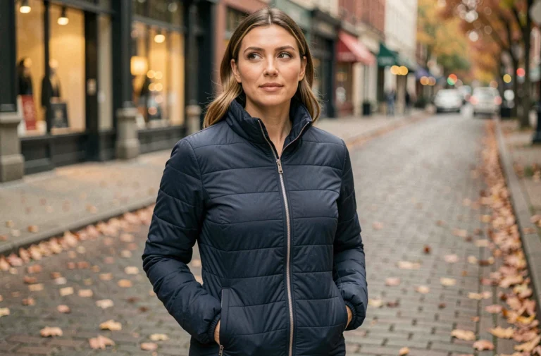 Femme portant une doudoune légère bleu marine en ville en automne, conseils pour bien choisir sa doudoune