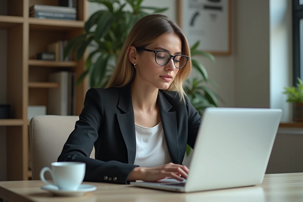 Jeune femme concentrée utilisant un ordinateur pour e-learning