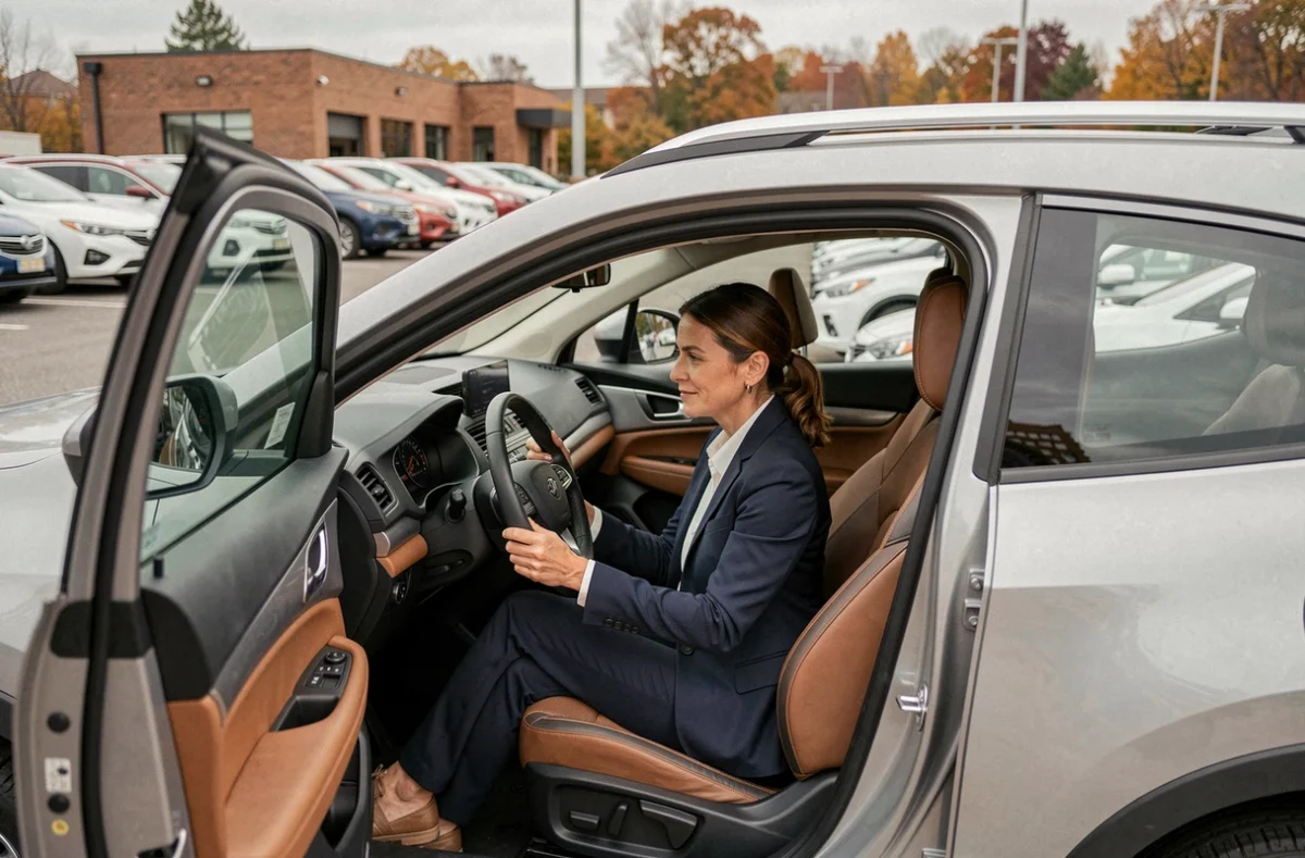 Femme explorant l'intérieur d'un SUV compact sur le parking d'une concession automobile