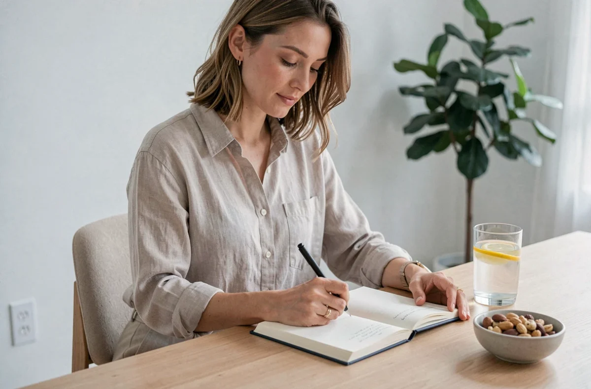 Femme tenant un journal de bien-être pour suivre ses progrès dans sa démarche de perte de poids durable
