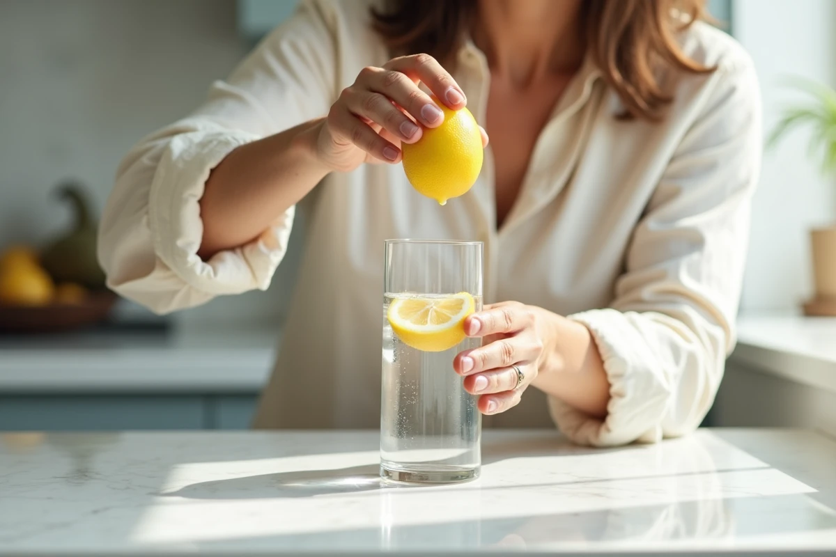 Femme préparant un verre d'eau citronnée dans une cuisine moderne, geste naturel et ambiance matinale apaisante