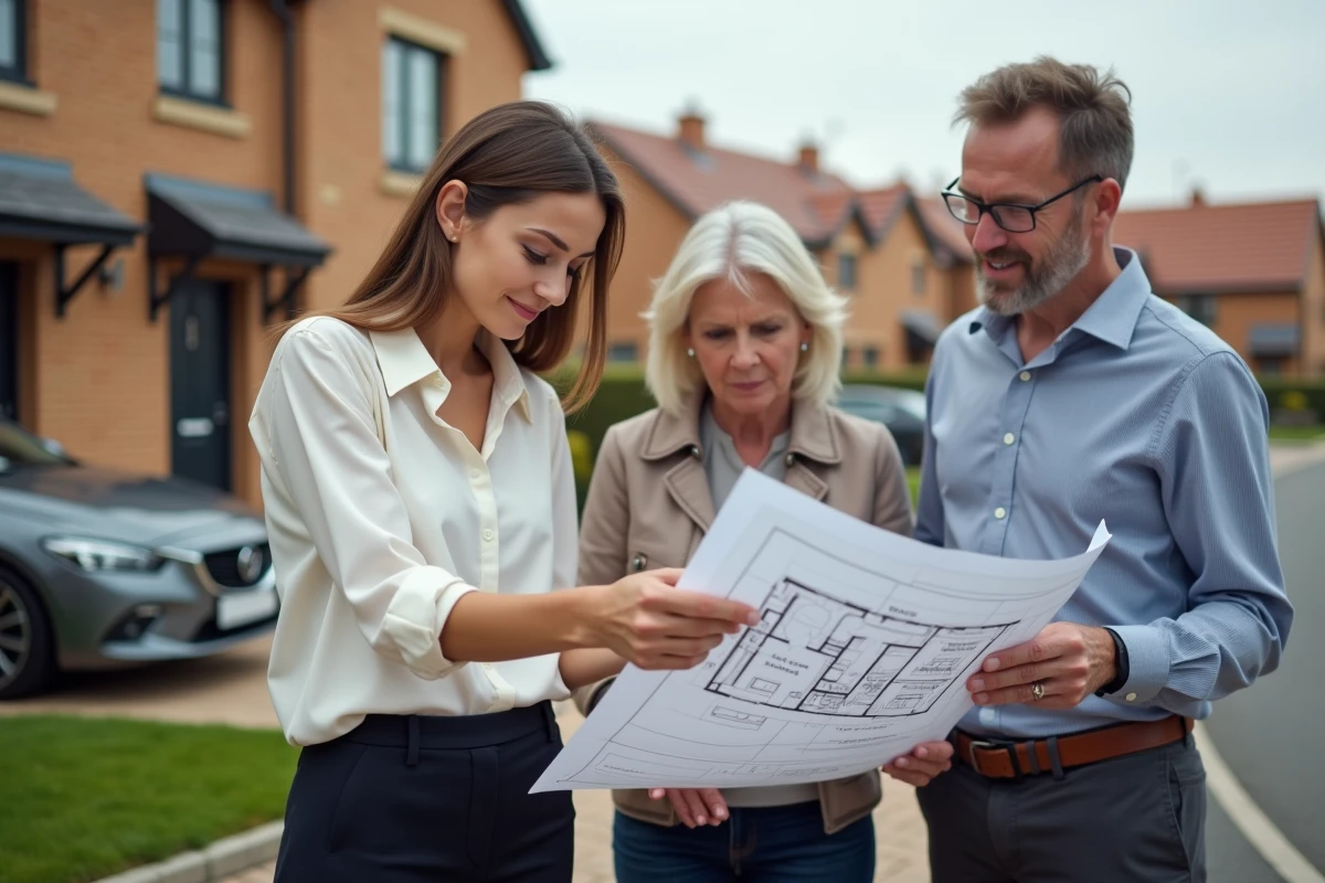 Jeune femme examinant un plan immobilier avec un couple