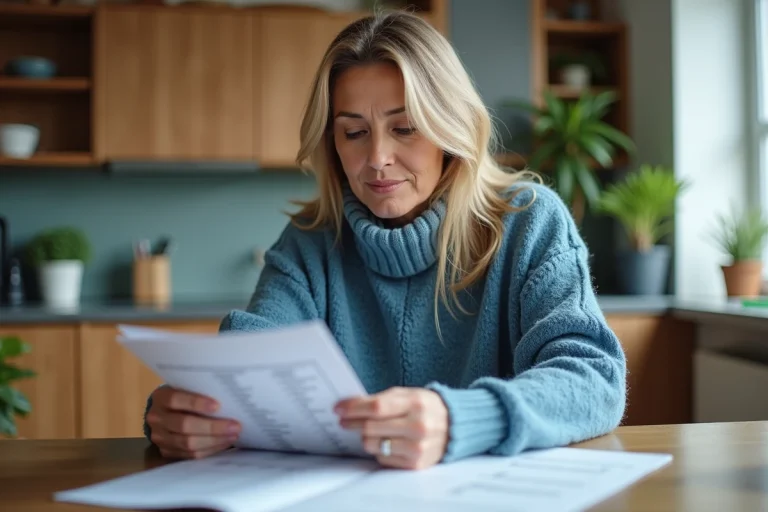 Femme dans la cuisine feuilletant un annuaire téléphonique