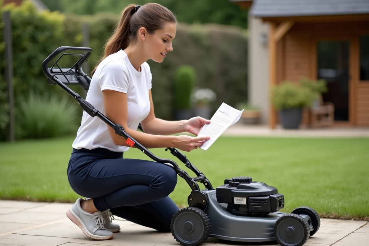 Femme lisant le manuel d'une tondeuse électrique avant de l'utiliser pour entretenir sa pelouse
