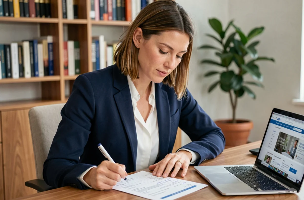 Femme professionnelle révisant son CV à son bureau à domicile lors d'une recherche d'emploi