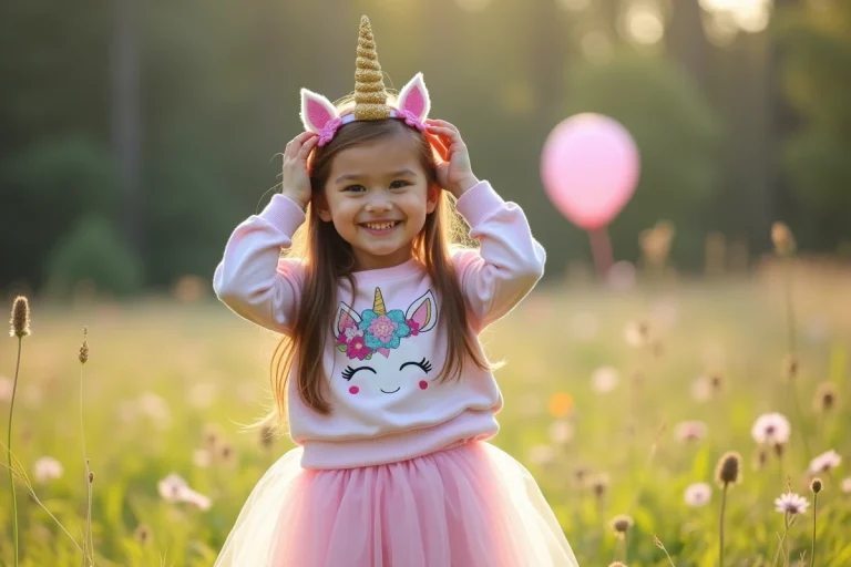 Jeune fille joyeuse avec corne de licorne