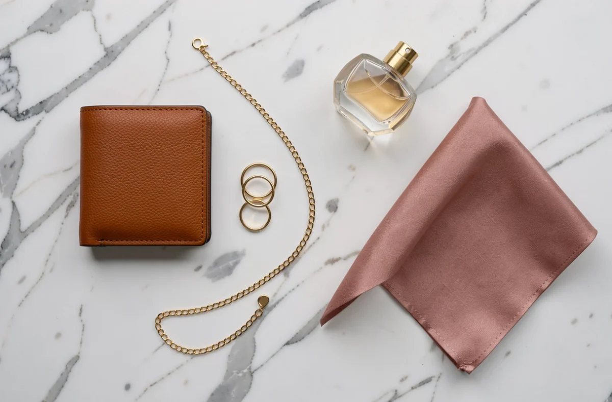 Flat lay d'accessoires quotidiens sur marbre blanc incluant portefeuille en cuir cognac, bagues dorées, collier délicat et carré de soie rose