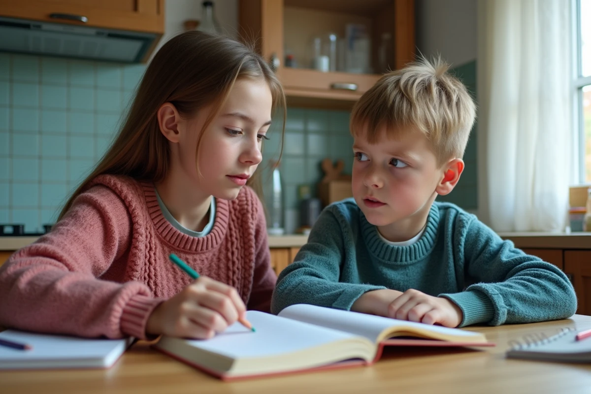 Frère cadet regardant avec envie sa sœur aînée travailler avec assurance sur ses devoirs, thème de la jalousie entre frères et sœurs