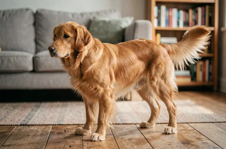 Golden retriever nain adulte debout sur un parquet en bois, montrant sa taille compacte dans un intérieur cosy